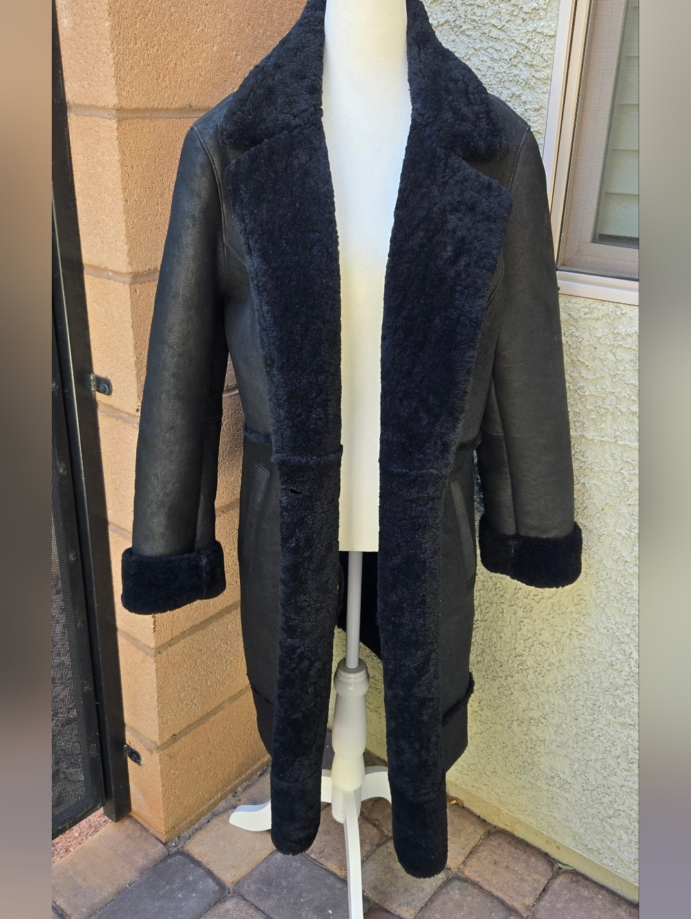 Paradox Vintage Womens Black Shearling Long Coat - Suede Trim